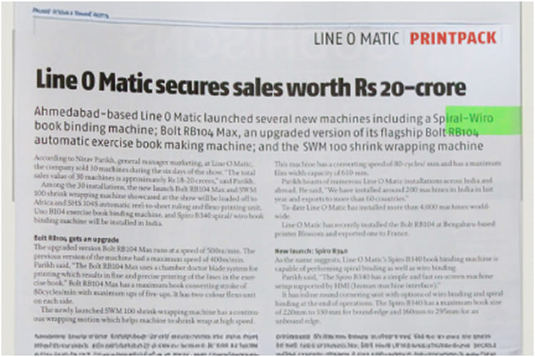 Lineomatic Secures sales worth Rs 20-crore: